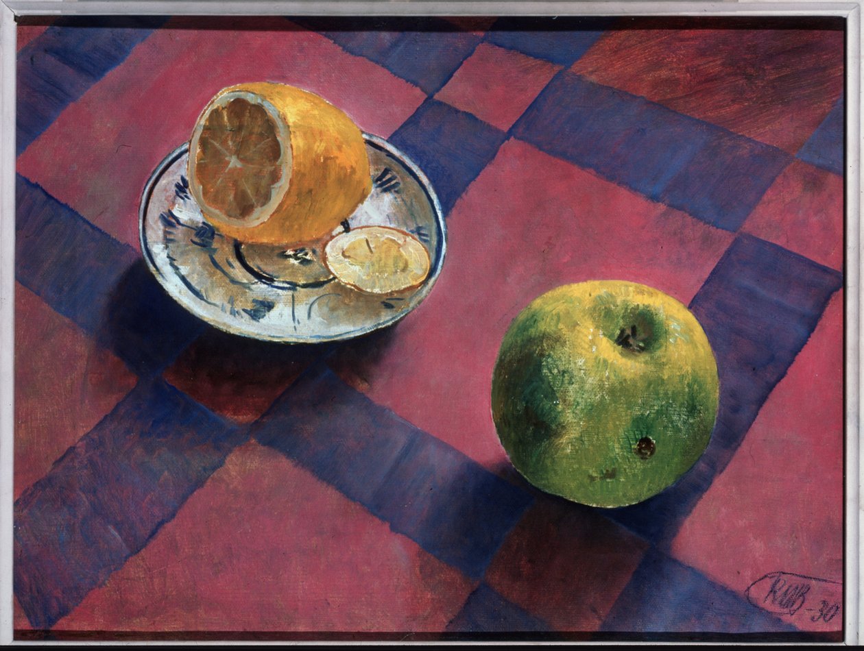 Jablko a citron. (Jablko a citron). Malba Kuzmy Sergejeviče Petrova Vodkina (Petrov-Vodkin) (Kouzma Petrov Vodkin) (Petrov-Vodkin) (1878-1939), olej na plátně od Kuzma Sergeevich Petrov Vodkin