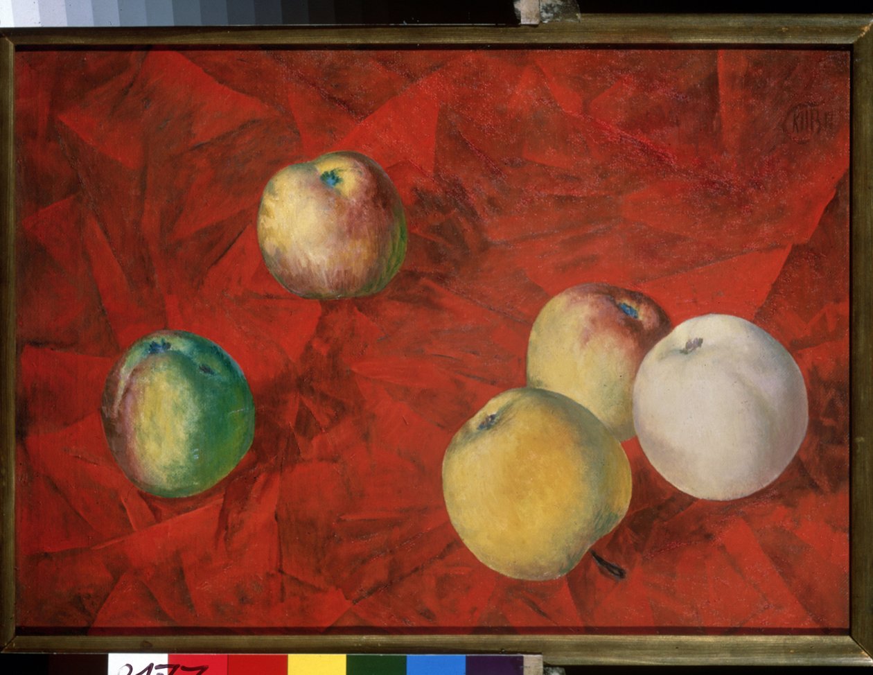 Jablka na červeném pozadí. (Jablka Na červeném Pozadí). Obraz Kuzmy Sergejeviče Petrov Vodkin (Petrov-Vodkin) (Kouzma Petrov Vodkin) (Petrov-Vodkin) (1878-1939), olej na plátně od Kuzma Sergeevich Petrov Vodkin