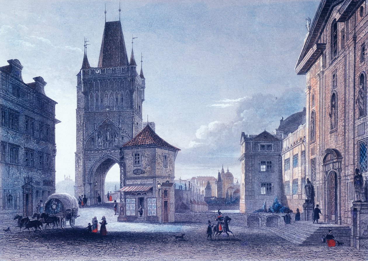 Staroměstská mostecká věž, asi 1840 (kolorovaná ocelorytina) od L. and Poppel, J. Lange