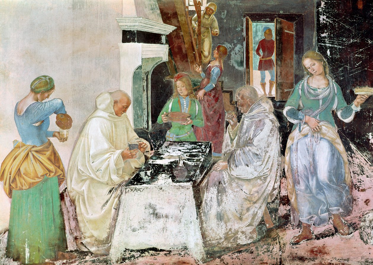 Svatý Benedikt přijímající pohostinství, ze života sv. Benedikta, 1497-98 od L. and Sodoma, G. Signorelli
