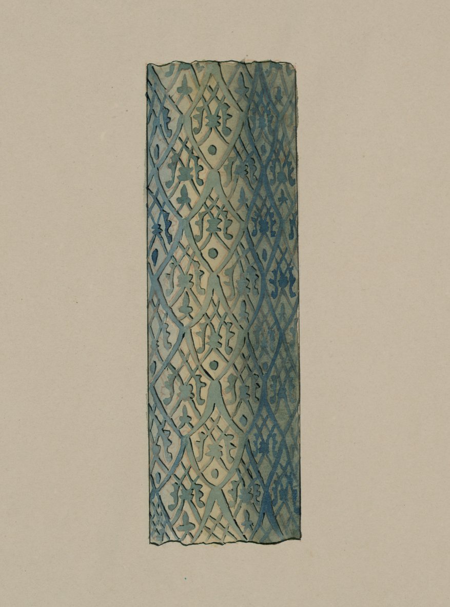 Starožitnosti Samarkandu. Hrobka svatého Kusam-ibn-Abbase (Shah-i Zindah) a přilehlá mauzolea. Sekce sloupu na vnějšku fasády mauzolea Kutuluk Turdi Bek Akas od L. A. Shostak