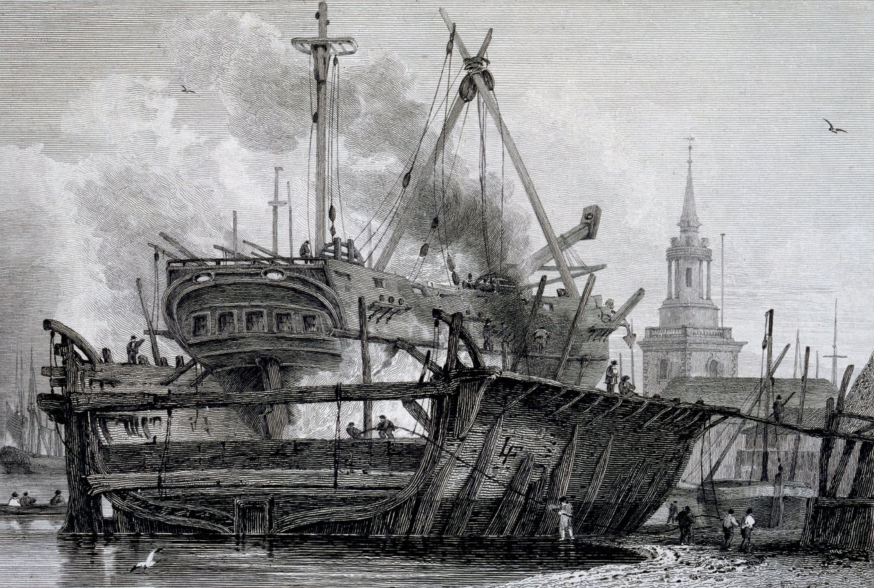 Rotherhithe, plovoucí dok v roce 1815, vyrytý J. C. Allenem, z Views on the Thames publikovaných WB & George Cooke, 1822 od L. Francia