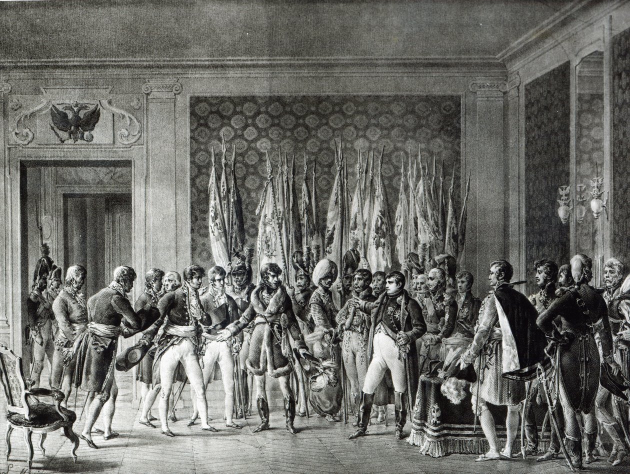Napoleon předává vlajky vyhrané u Slavkova v roce 1805 starostům Paříže, kteří ho navštíví v Schonbrunnu od L. Marin