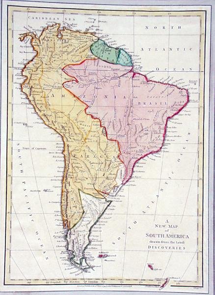 Nová mapa Jižní Ameriky, nakreslená podle nejnovějších objevů, strana 75 z Descriptive Letters and Drawings, Volume 1 od Jamese Forbese, vydané v Londýně, 1794 (ručně kolorovaná rytina) od L. Puke