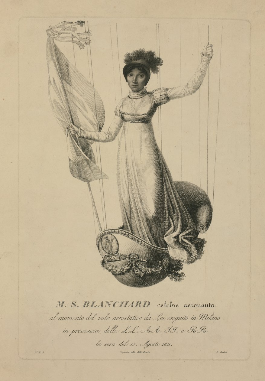 Sophie Blanchard v koši svého balónu během letu v Miláně za přítomnosti Napoleona, 1811 od L. Rados