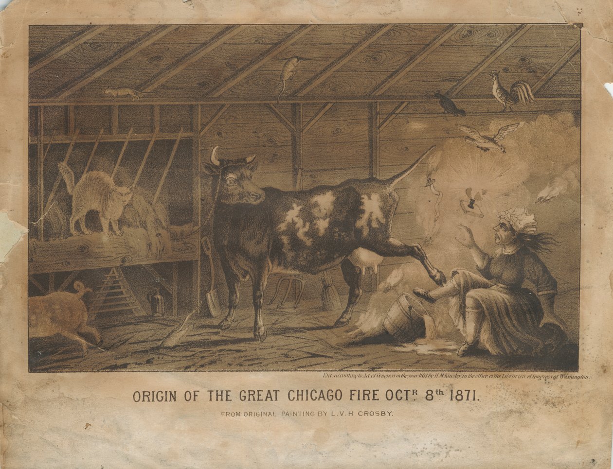 Původ velkého chicagského požáru 8. října 1871, kolem roku 1872 od L. V. H. after Crosby