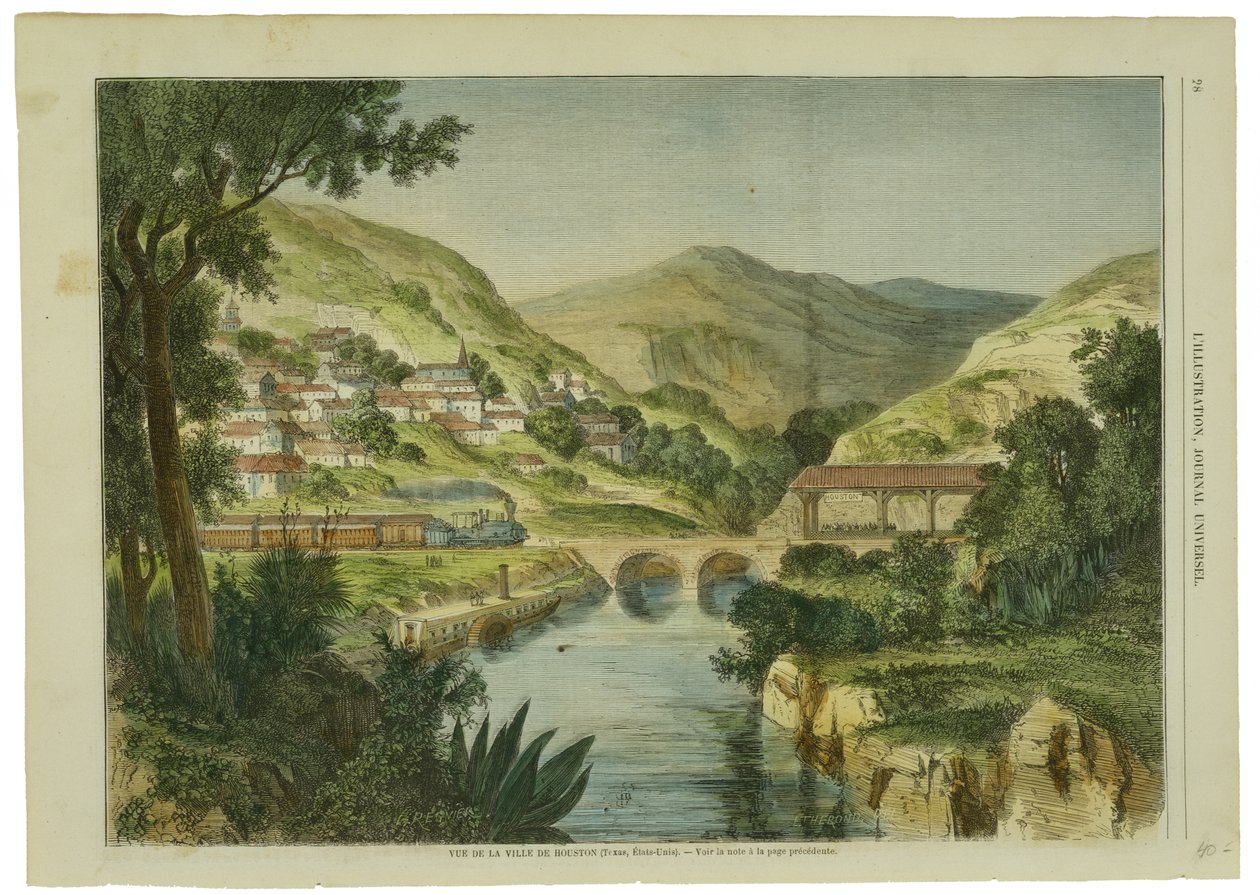 Vue de la Ville de Houston, c. 1855-1865 (ručně kolorovaná dřevorytina na tkaném celulózovém papíru) od L. after Regnier