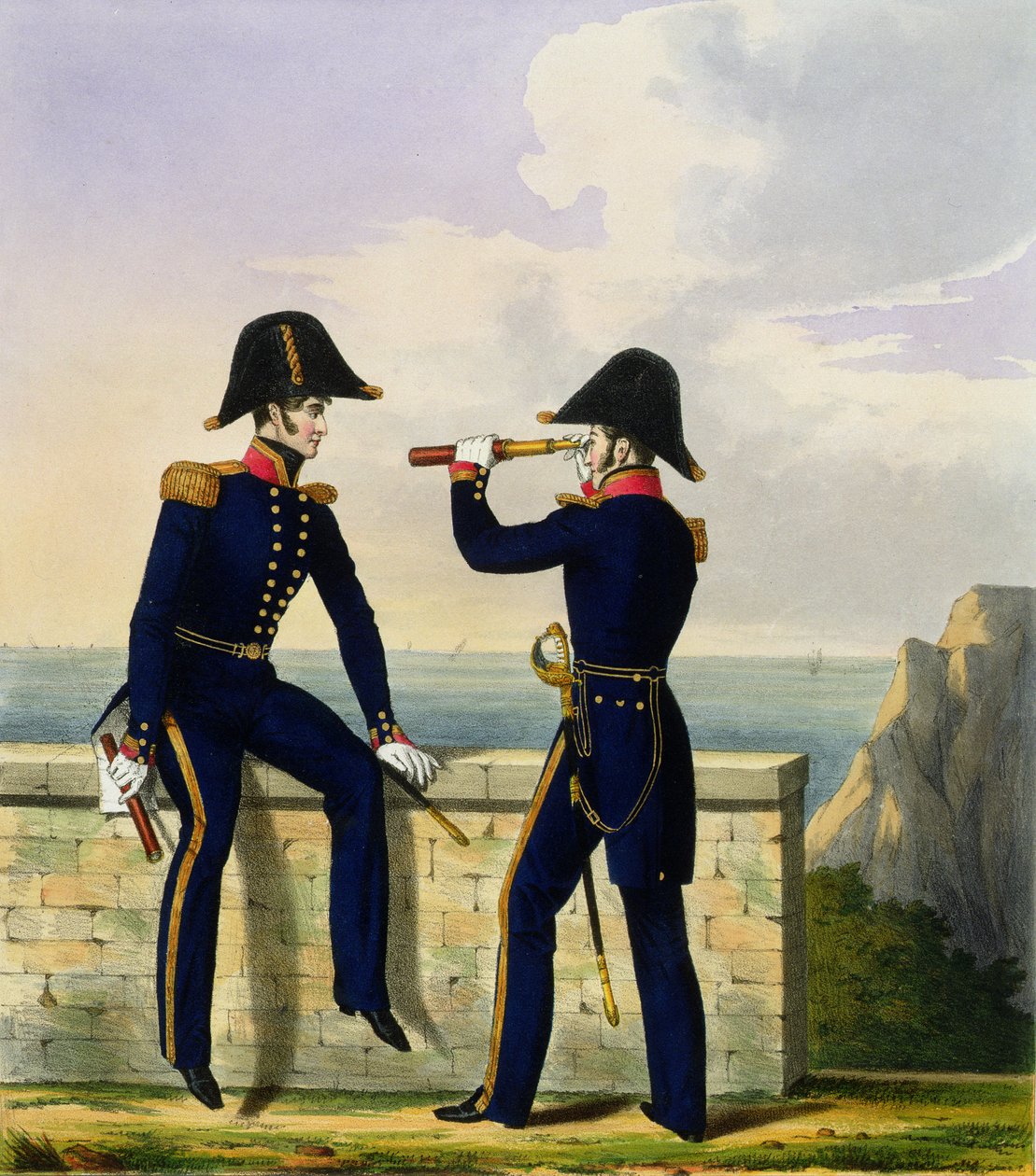 Poručíci, deska 1 z knihy "Kostým královského námořnictva a námořní pěchoty", rytina autorů, asi 1830-37 (barevná litografie) od L. and Eschauzier, St. Mansion