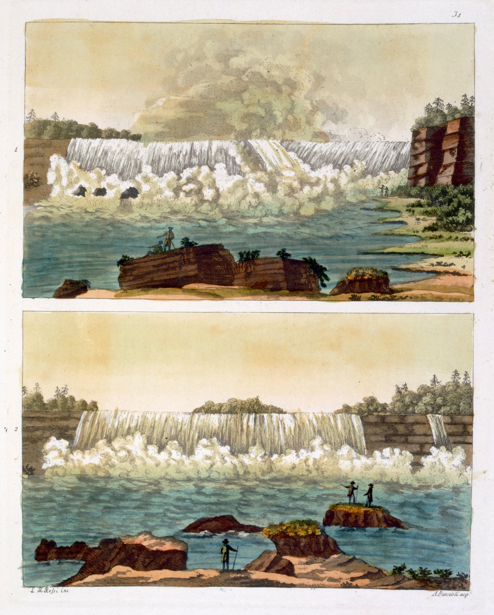 Niagarské vodopády, 1818 (barevná rytina) od L.A. Rossi