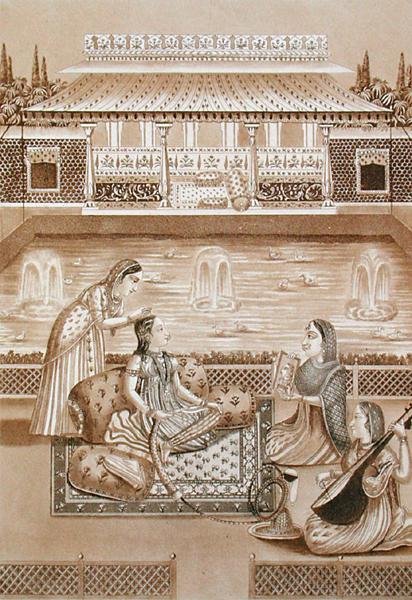 Indka na záchodě, počátek 19. století (sépiový tisk) od L.A. and Morret J.B. Lecerf