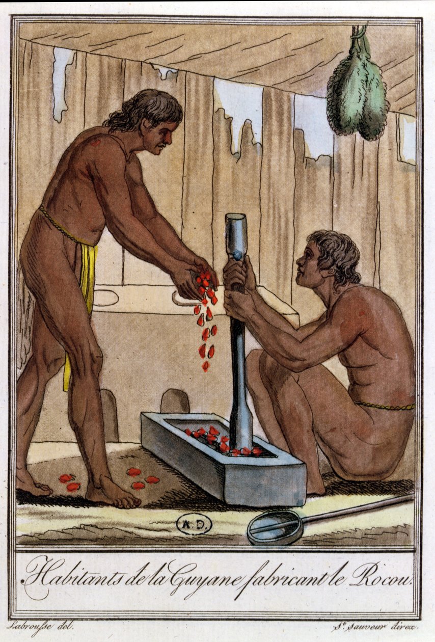 Obyvatelé Francouzské Guyany připravující Annatto, z knihy "Encyclopedie des Voyages" od Julese Grasseta de Saint-Sauveur (1757-1810) 1796 od L.F. Labrousse