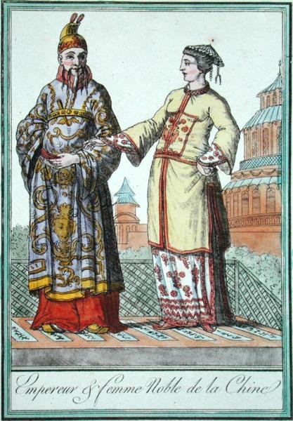 Čínský císař a vznešená žena, jedna ze studií kostýmů Julese Grasseta de Saint-Sauveur (1757-1810) 1796 (barevná rytina) od L.F. Labrousse