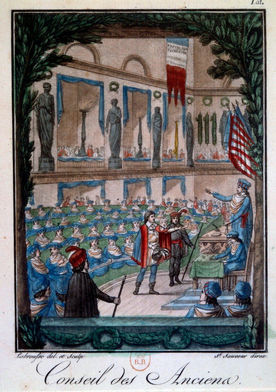 Adresář: “” Le Conseil des Ancients”” Rytina z “” Mors et celní du peuple francais””, rytina Labrousse. Paříž 18. století, B.N. od L.F. Labrousse