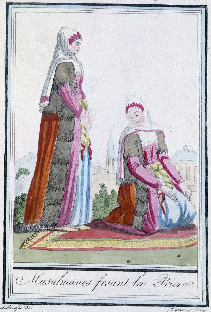 Muslimové při modlitbě – v “”Encyclopédie des voyages”” od J. Grasset St Sauveur, ed. Deroy, Paříž od L.F. Labrousse
