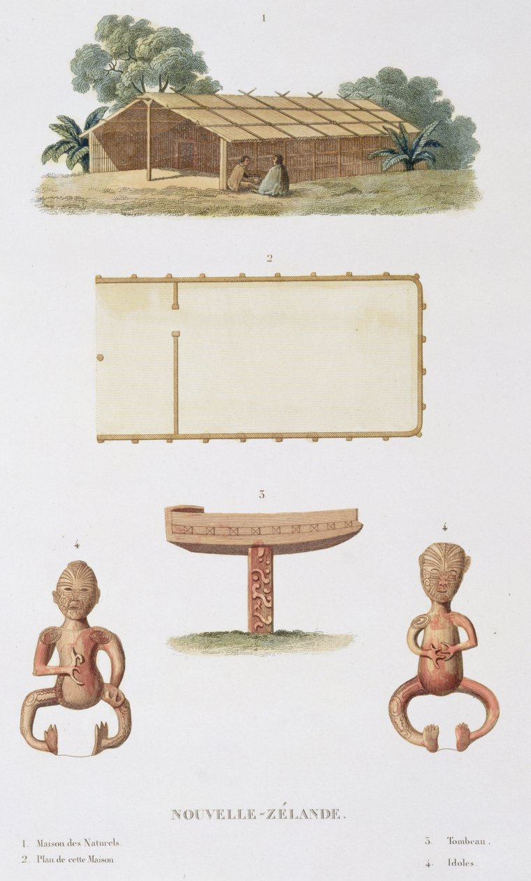 Dům duchů, Nový Zéland, z Voyage around the World, popravený Řádem krále na La Corvette de Sa Majeste, La Coquille v letech 1822, 1823, 1824 a 1825, Louis Isidore Duperrey (17 od L.I. and Chazal, A. Duperrey
