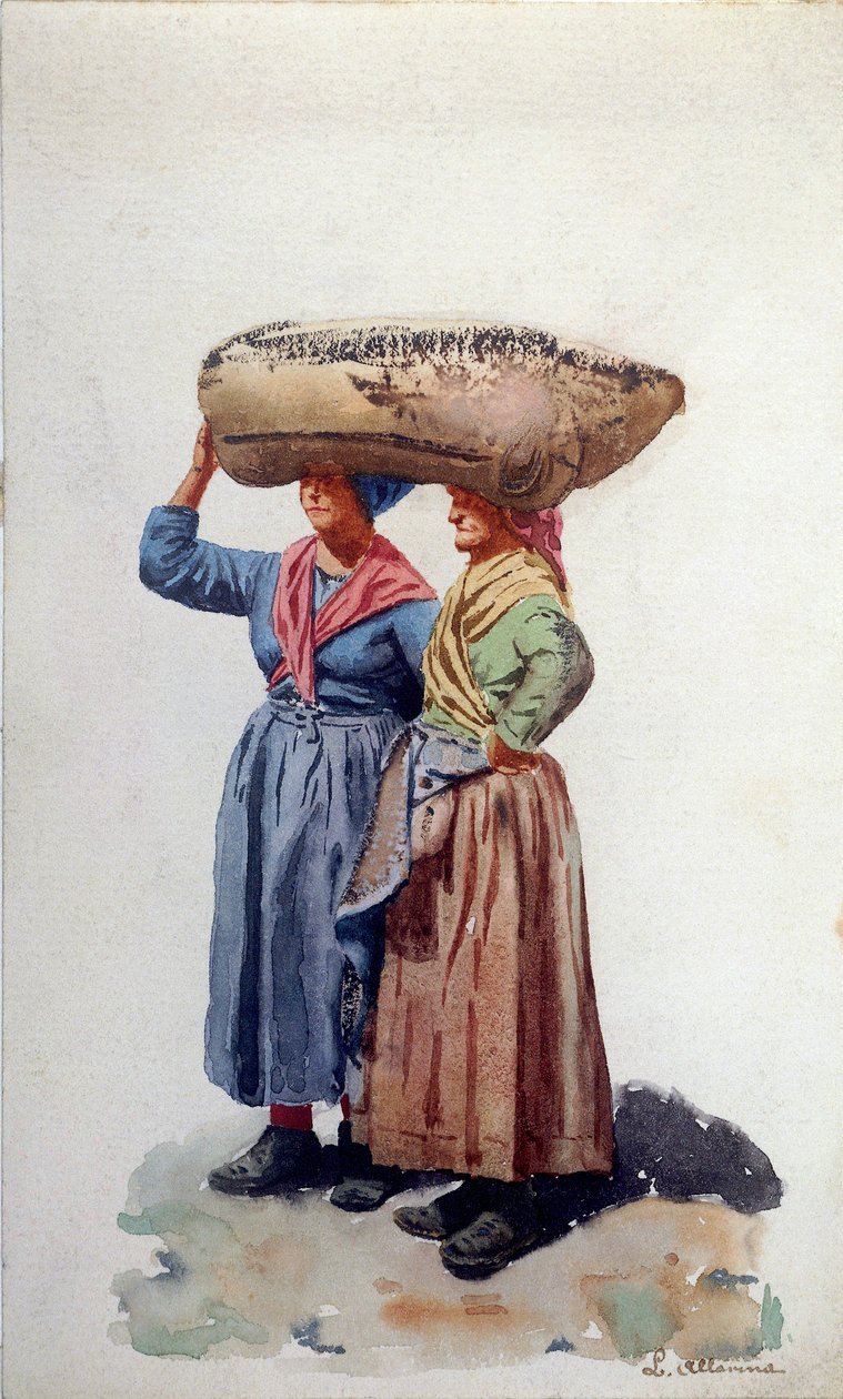 Dvě dělnice v přístavu v Janově kolem roku 1890 (akvarel na papíře) od L. Allavena