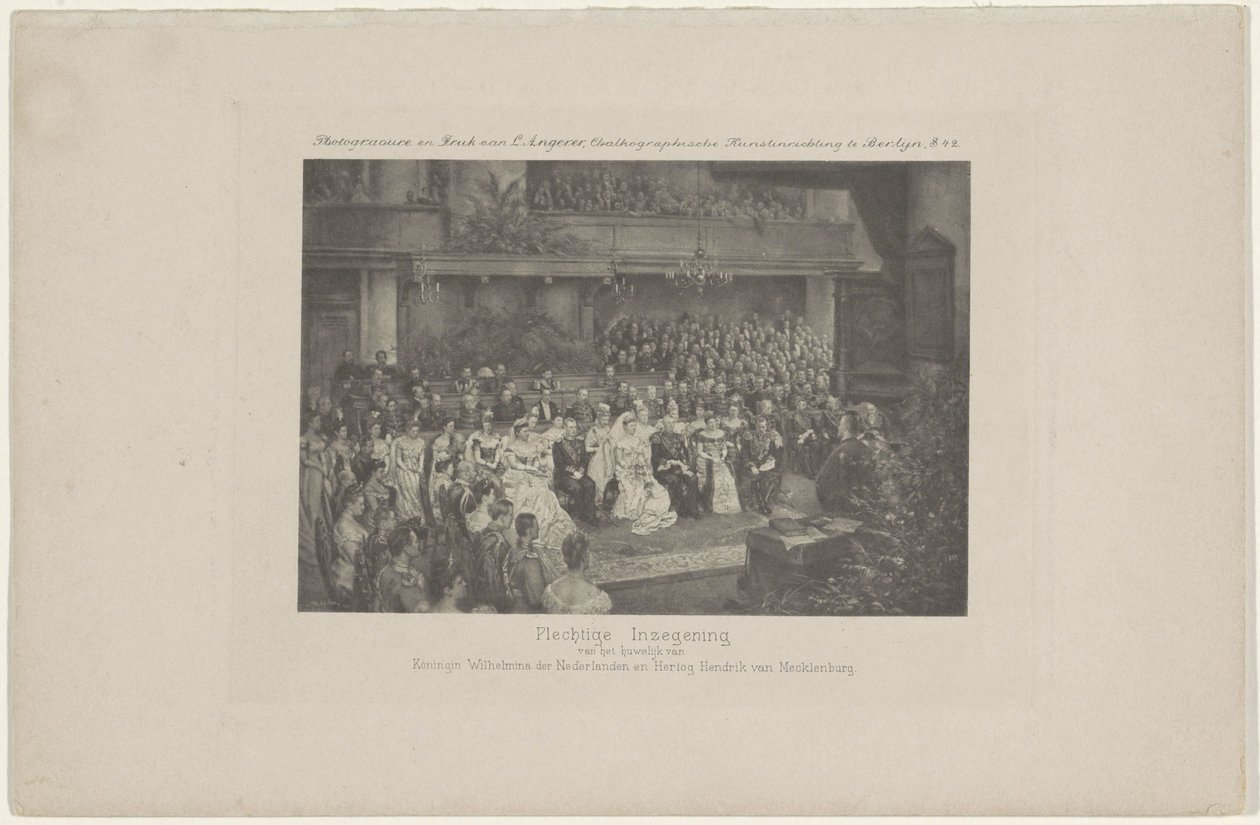 Požehnání manželství královny Wilhelminy a prince Hendrika, 1901 Slavnostní požehnání sňatku královny Wilhelminy Nizozemské a vévody Hendrika z Meklenburska (titul na předmětu) od L. Angerer