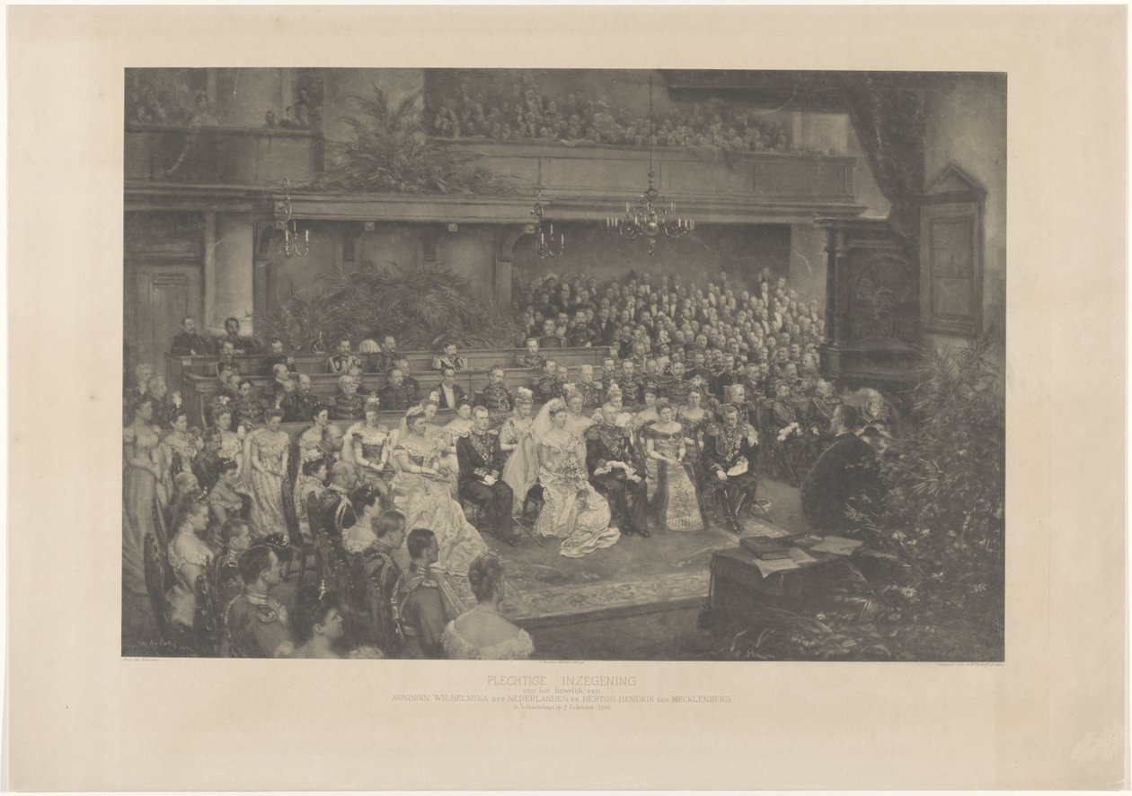Slavnostní požehnání sňatku královny Wilhelminy Nizozemské a vévody Hendrika z Mecklenburgu v Haagu dne 7. února 1901 (název na předmětu) od L. Angerer