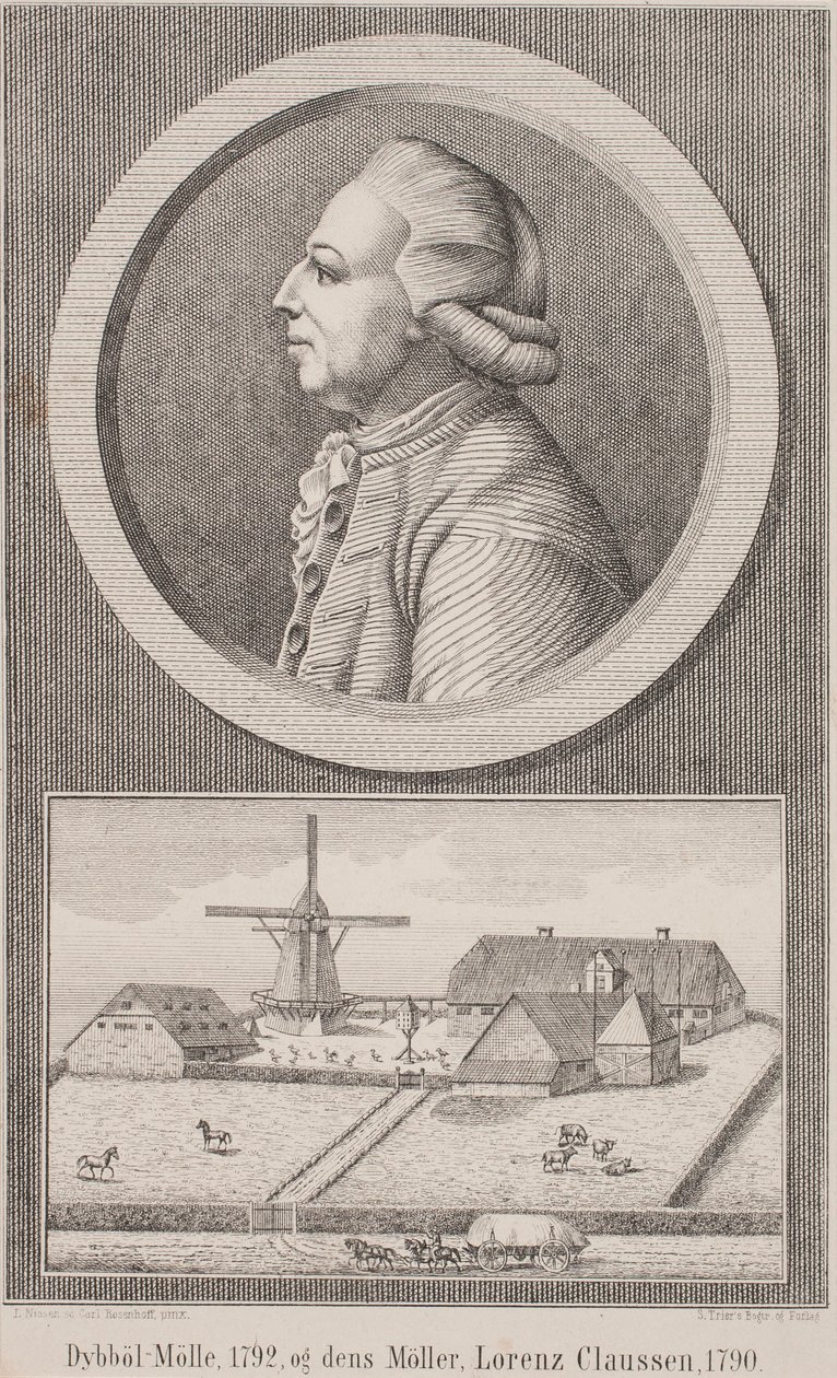 Mlýn Dybbøl, 1792, a jeho mlynář Lorenz Claussen, 1790 od L. Nissen