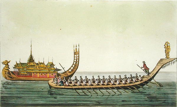 Barmské lodě, ilustrace z „Le Costume Ancien et Moderne“ od Giulia Ferraria, vydáno kolem 20.–30. let 18. století (barevná rytina) od L. Rossi
