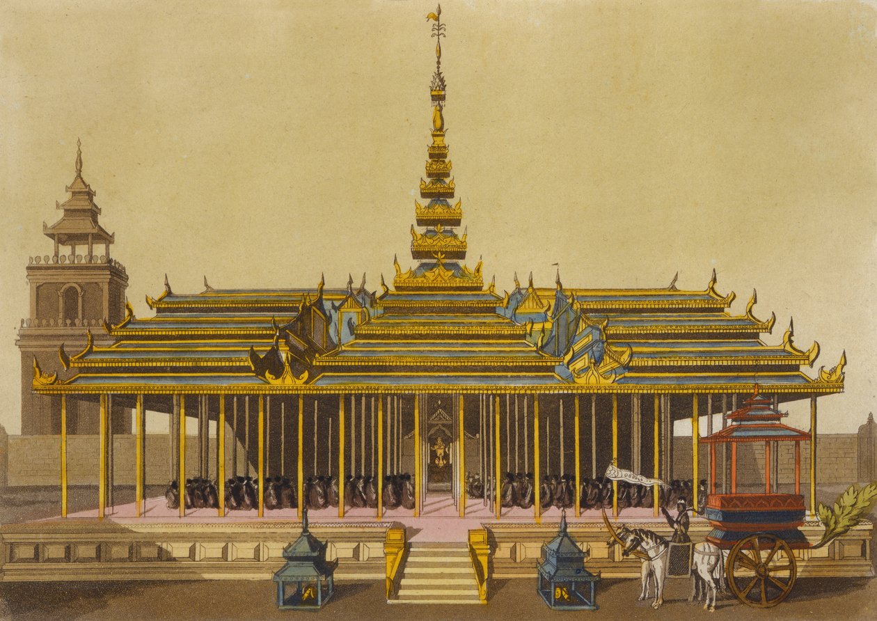 Král Siamu oslovuje dvořany ve svém pavilonu, deska 69 z Le Costume Ancien et Moderne od Julese Ferraria, rytý Gaetano Zancon (1771-1816), vydáno kolem 20. let-30. od L. Rossi
