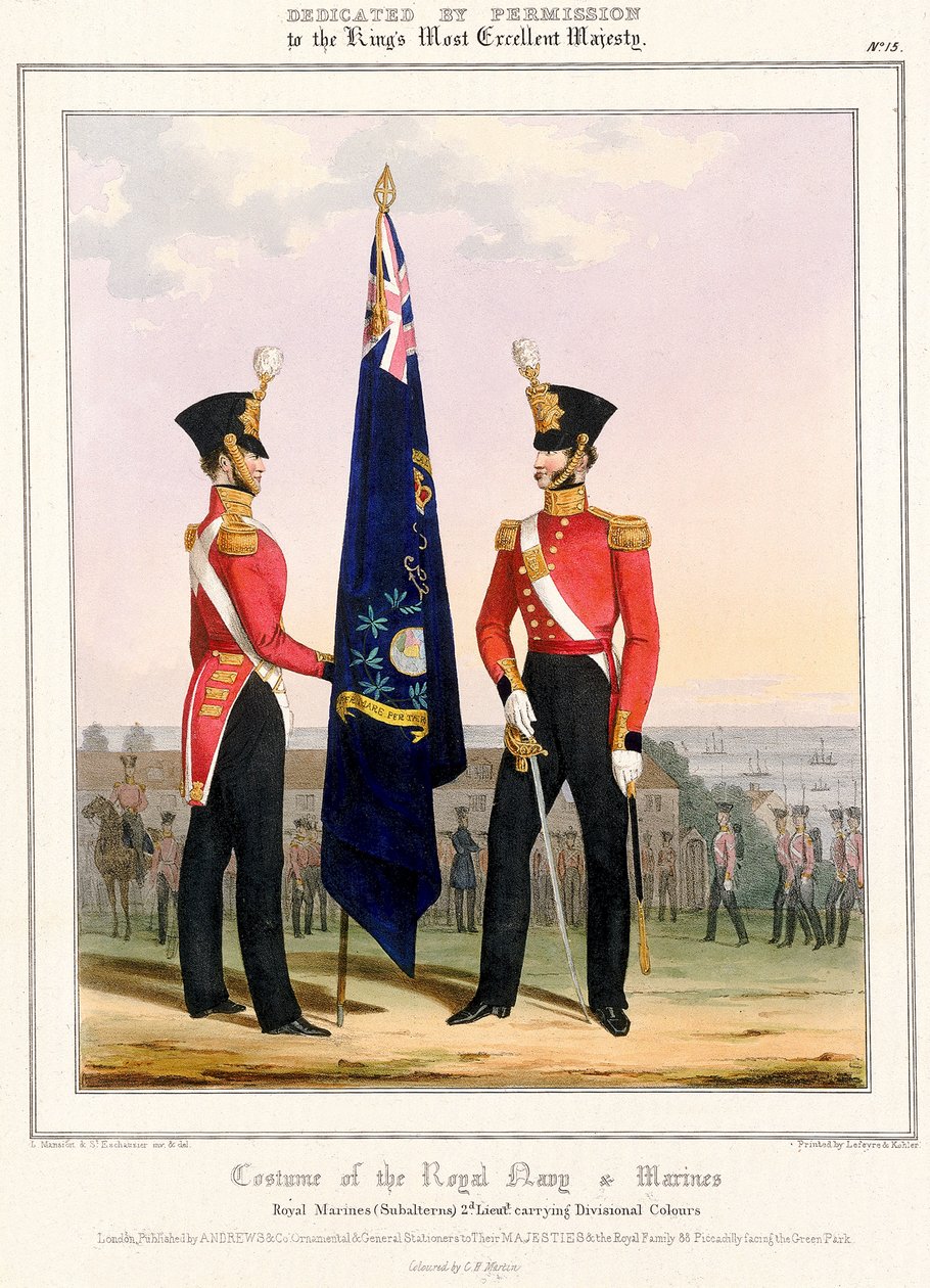 Kostým královského námořnictva a námořní pěchoty. Royal Marines (Subalterns) 2d. Lt., cca 1832 (kolorovaná litografie) od L. and Eschauzier St. Mansion
