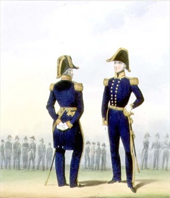 Vlajkoví důstojníci, deska 4 z „Kostýmu královského námořnictva a námořní pěchoty“, vyryto umělci, kolem roku 1830-37 (barva litho) od L. and Eschauzier St. Mansion
