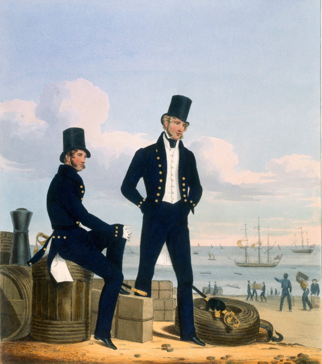 Střelci, lodníci a tesaři, deska 11 z „Kostýmu královského námořnictva a námořní pěchoty“, vyryto umělci, kolem roku 1830-37 od L. and Eschauzier, St. Mansion