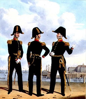 Master of the Fleet and Physicians, deska 13 z „Kostýmu královského námořnictva a námořní pěchoty“, vyryto umělci, kolem roku 1830-37 (barevně lito) od L. and Eschauzier St. Mansion