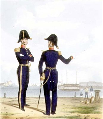 Masters, deska 10 z „Kostým královského námořnictva a námořní pěchoty“, vyryto umělci, kolem roku 1830-37 (barevně lito) od L. and Eschauzier St. Mansion