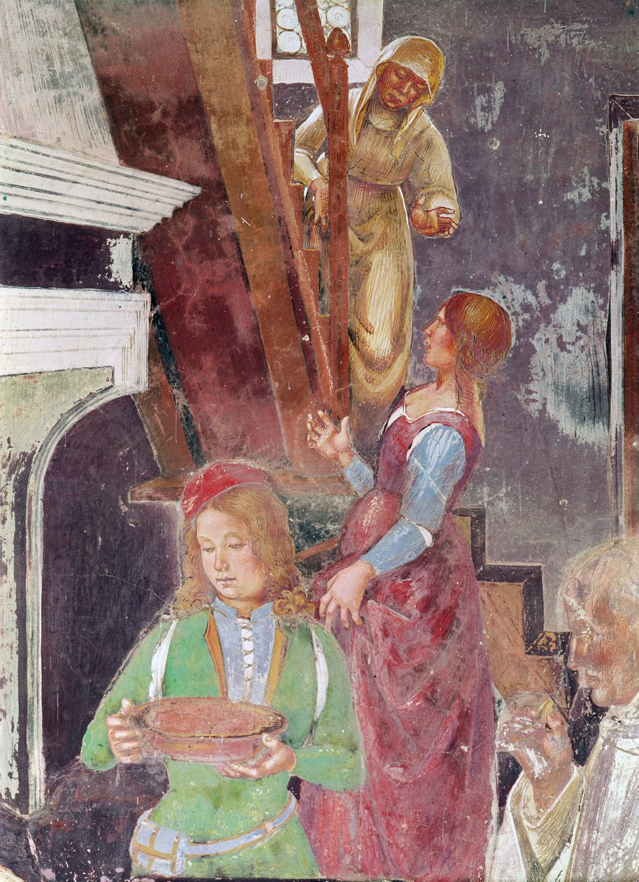 Mladý sluha držící talíř, detail svatého Benedikta přijímajícího pohostinství, ze života svatého Benedikta, 1497-98 (detail 164410) od L. and Sodoma, G. Signorelli