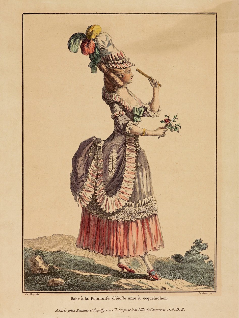 Galerie módy; Leclerc; Dupin - tisk; barevné gravírování - Poloniose šaty z hladké látky s kapucí z máku od La Gallerie des Modes, Le Clerc, Dupin
