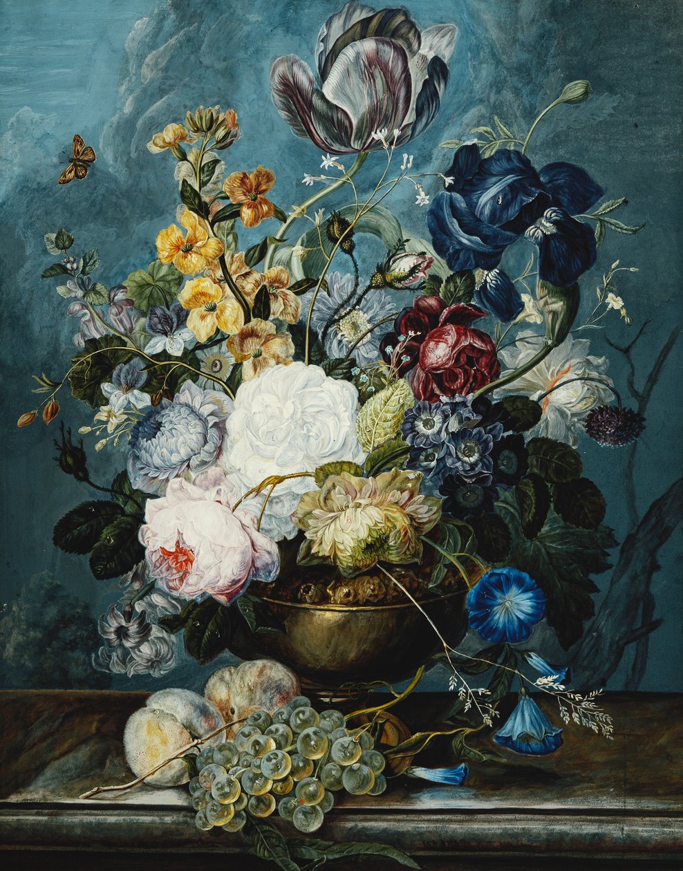 Růže, tulipán, kosatec, jiřiny, lamium, pomněnky, konvolvulus, auricula a delphiniums ve váze s hrozny a broskvemi na kamenné římse, od Ladislaus Tumal