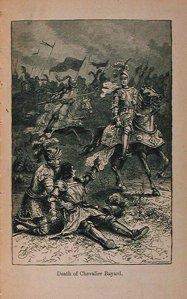 Smrt kavalíra Bayarda (1476-1524) ilustrace z Malých artušovských dějin Francie: Od nejstarších dob do pádu Druhého císařství, vydaných v roce 1899. od Lady M. Chalcott