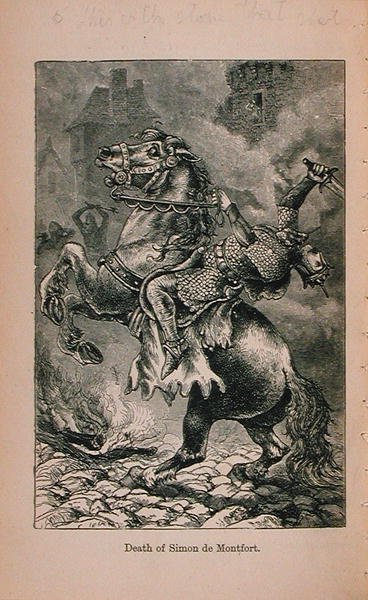 Smrt Simona De Montforta (1150-1218) ilustrace z knihy Little Arthurs Historie Francie: Od nejstarších dob do pádu Druhého císařství publikovaná v roce 1899 od Lady M. Chalcott