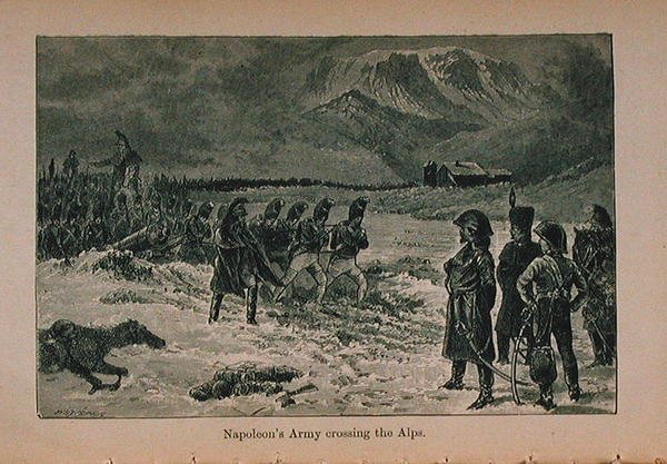 Napoleonova armáda překračující Alpy, ilustrace z Malých artušovských dějin Francie: od nejstarších dob do pádu druhého císařství, vydáno 1899. od Lady M. Chalcott