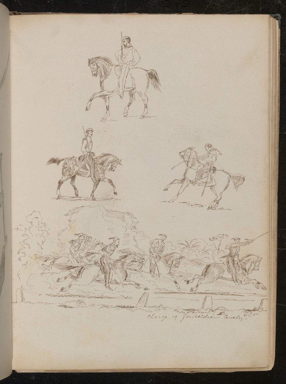 Studie vojáků na koních, skupinová scéna je napsána „Charge of Garibaldian Cavalry“ (pero a inkoust) od Lady  Butler