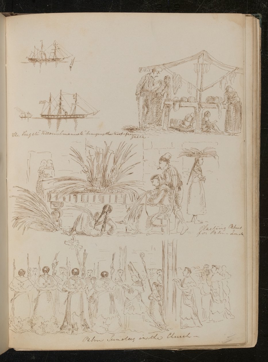 „Fregata „Vittorio Emanuele“ přivádějící vojáky z Gaely, čtyři ženy „Pleiting Palms for Palm-Sunday“ (pero a inkoust) od Lady  Butler