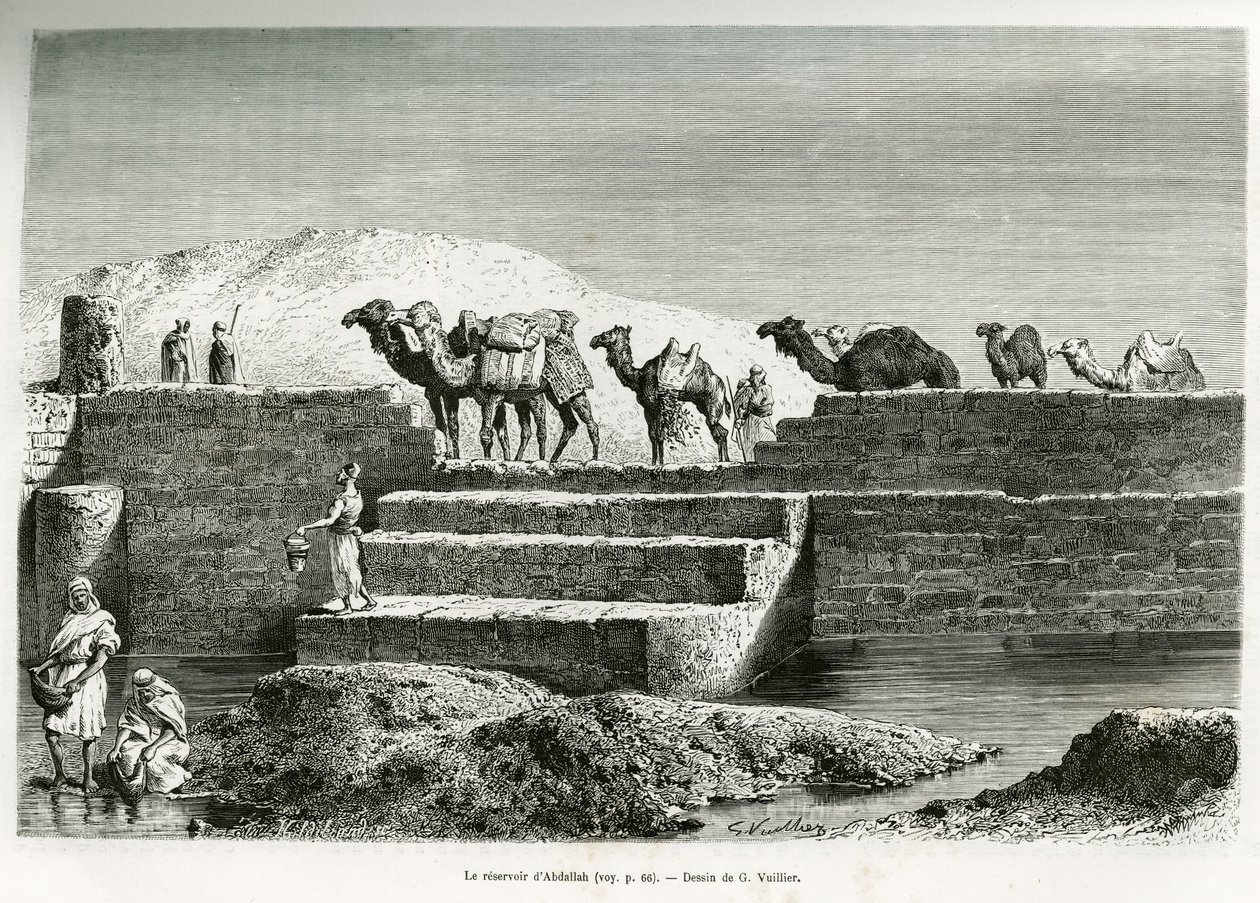 Vodní nádrž Abdulláh, Saúdská Arábie, ilustrace z knihy "Pouť do Nejdu, kolébky arabské rasy", vydané v edici World Tour, kterou vedl Edouard Charton (1807-1890) 1882 (litografie) od Lady Anne Blunt