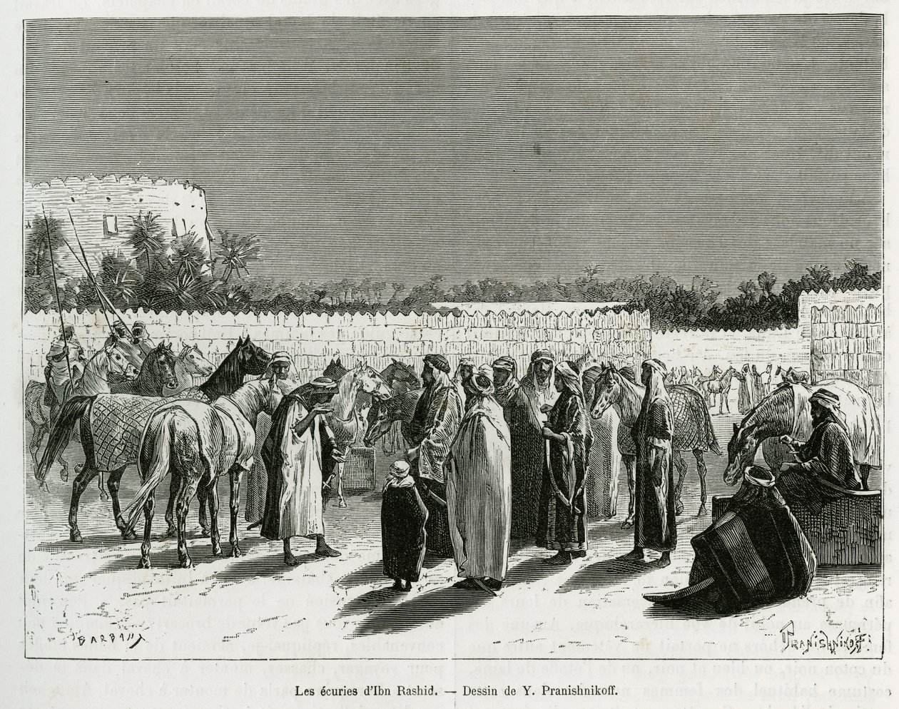 Stáje emíra Muhammada Ibn Abdullaha Al Rashida, ilustrace z „Pouti do Nejd, kolébky arabské rasy“, publikované v 