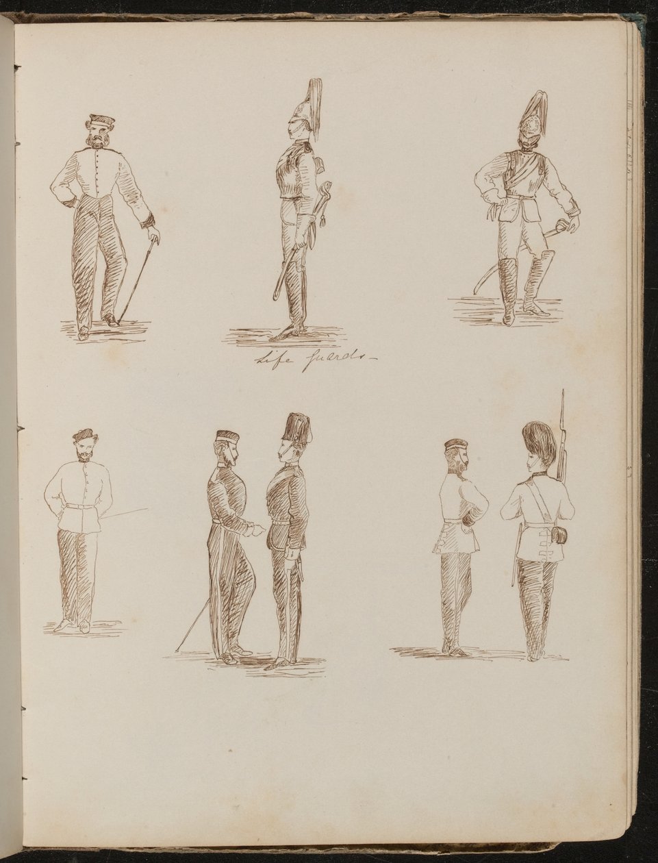 Osm studií stojících vojáků v uniformě s nápisem „Life Guards“ od Lady Butler