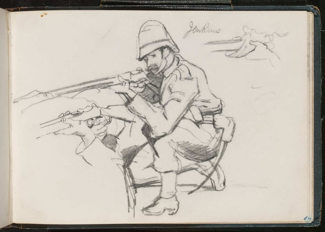 ?Jenkins? klečet k ohni, 1879 od Lady Butler