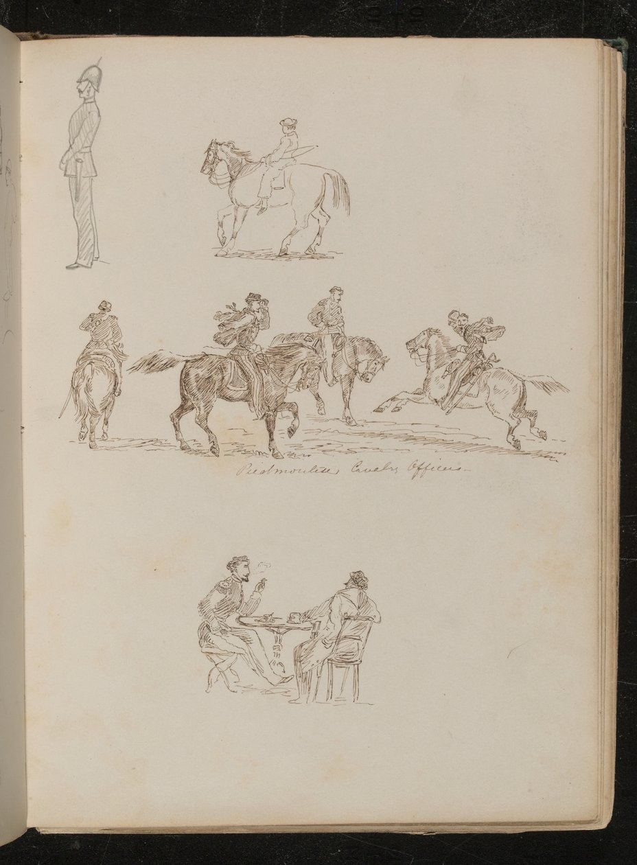 Voják v plné uniformě, studie mladíka s rybářským prutem na koni, čtyři muži na koních s nápisem „Piedmontese Cavalry Officers“ od Lady Butler