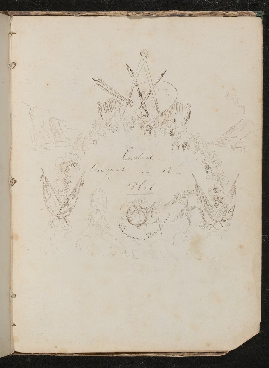 Studie výtvarných materiálů, motýlů, květin, vlajek, útesu a girlandy v erbovní formaci kolem nápisu "Ended 12th August 1861" od Lady Butler