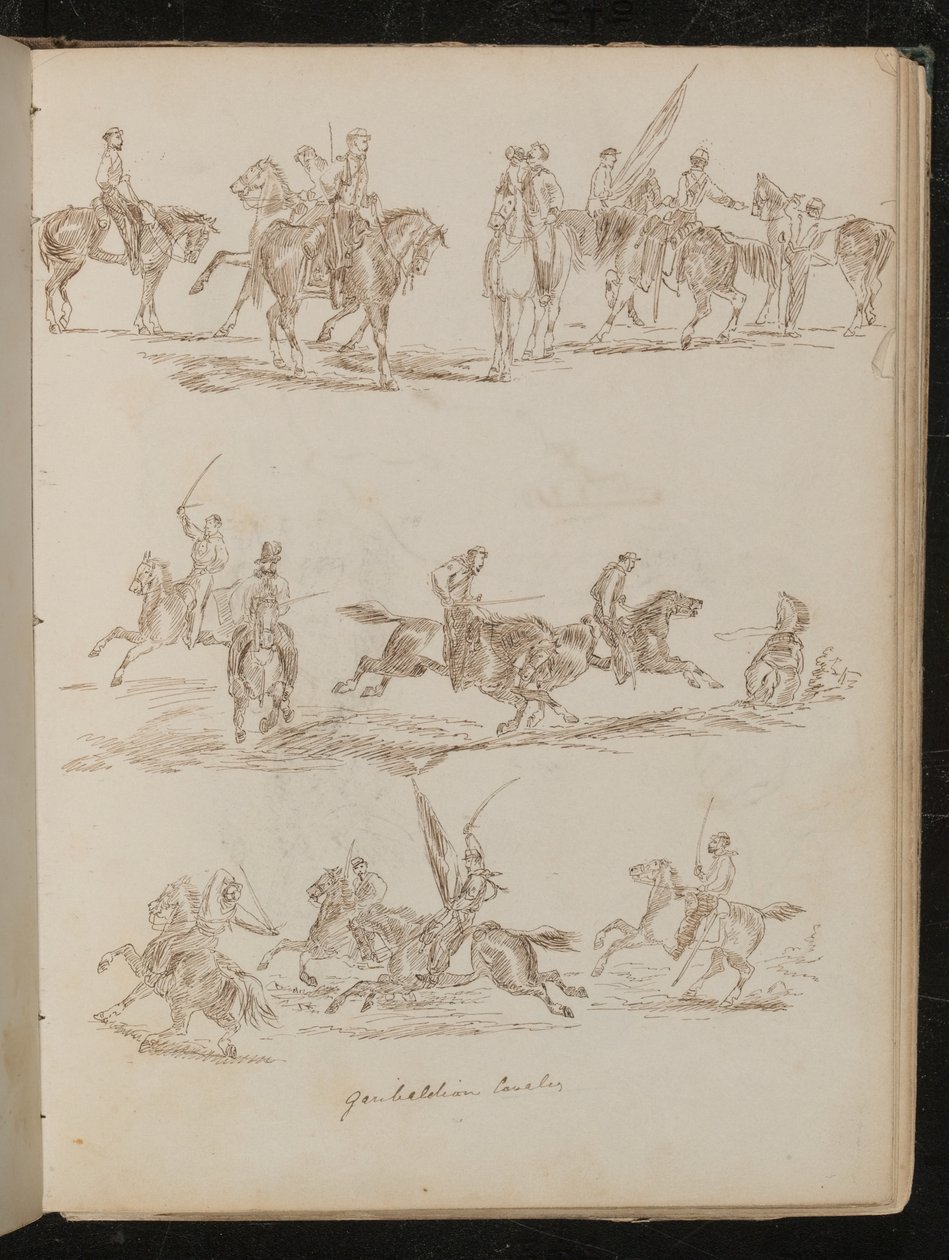 Tři studie vojáků na koni s nápisem „Garibaldian Cavalry“ od Lady Butler