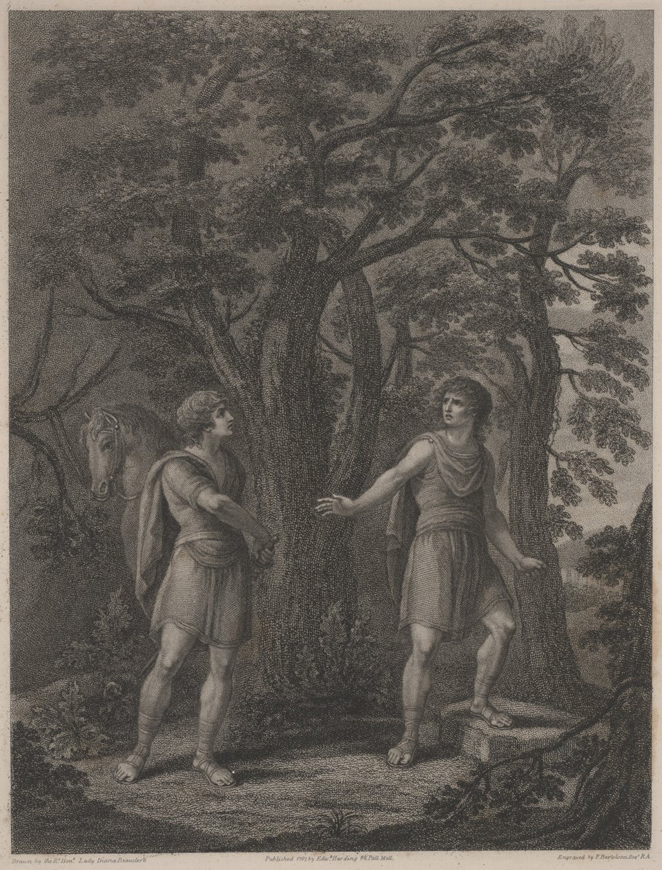 Ilustrace z "Palamon and Arcite", tisk vytvořil Francesco Bartolozzi 1797 (tečkovaná rytina) od Lady Diana (after) Beauclerk