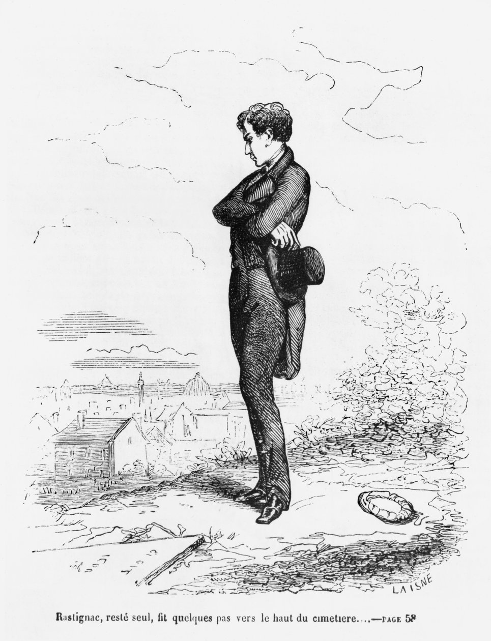 „Rastignac, který zůstal sám, šel pár kroků do nejvyšší části hřbitova“, ilustrace z „Le Pere Goriot“ od Honore de Balzaca (1799-1850) od Laisne