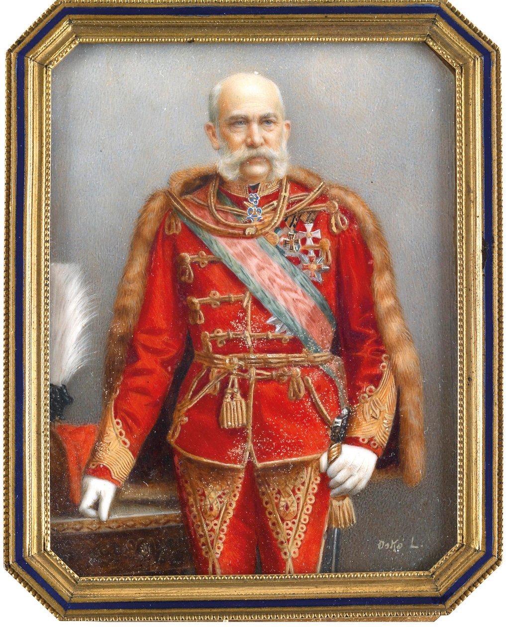 Portrét Františka Josefa I. Rakouského (1830-1916), v maďarské uniformě. Dílo Lajose Oska (1865-1922), akvarel a kvaš na rohu. Maďarské umění, akademické umění. Soukromá sbírka. od Lajos Osko