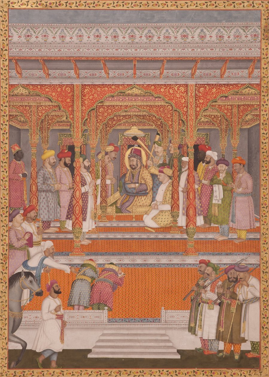 Mirza Md Muazzam Shah Khurram Bakht Bahadur přijímá Saadat Ali, Nawab of Aw, 1803 (neprůhledná čb na papíře) od Lalji Mal