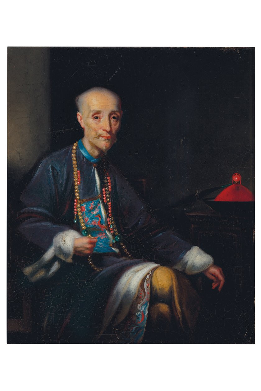 Portrét Houqua, tříčtvrteční, sedící, v interiéru (olej na plátně) od Lam Qua (attr. to)